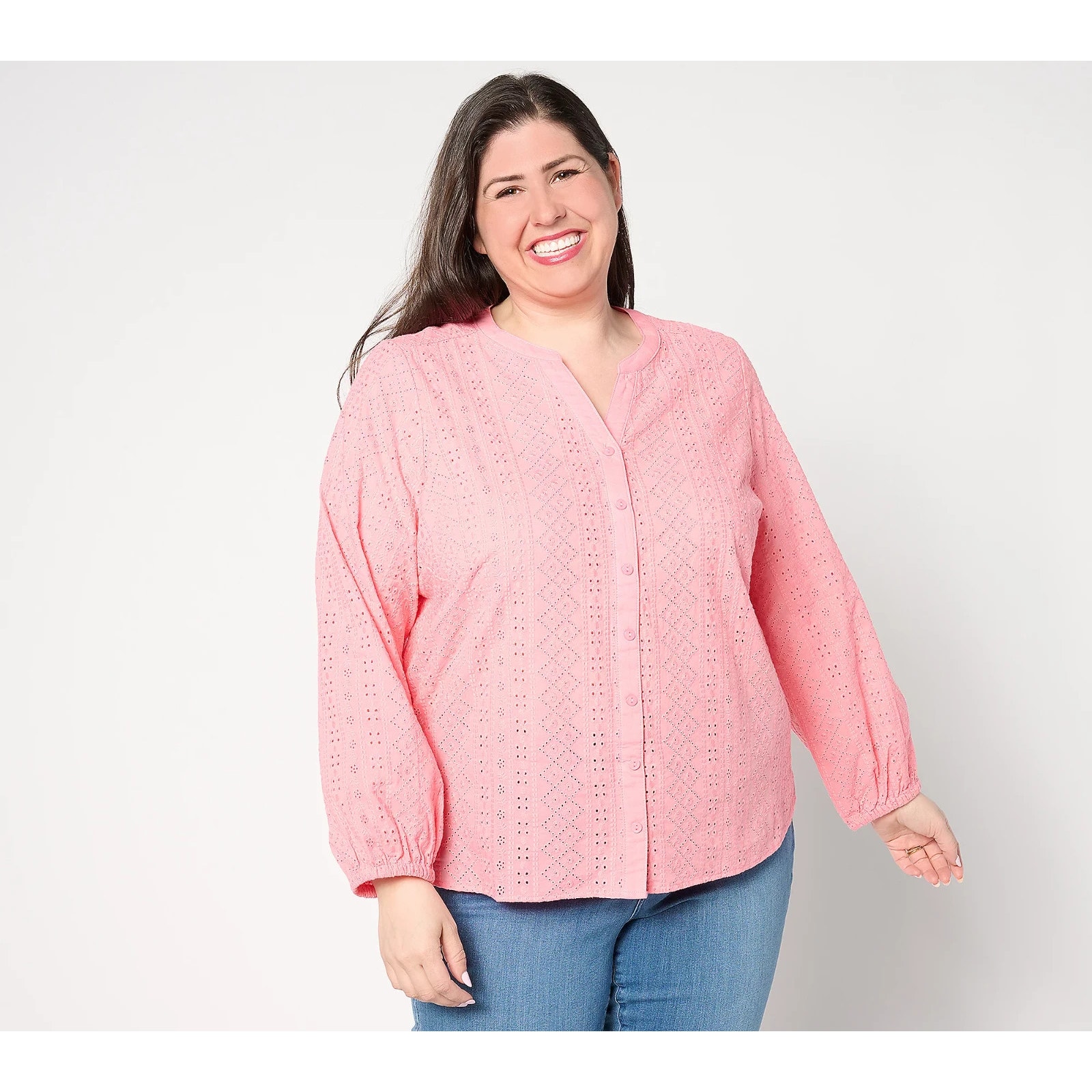 Denim & Co. Womens Shirt Large Pink Cotton Eyelet Button Down Boho Long Sleeve